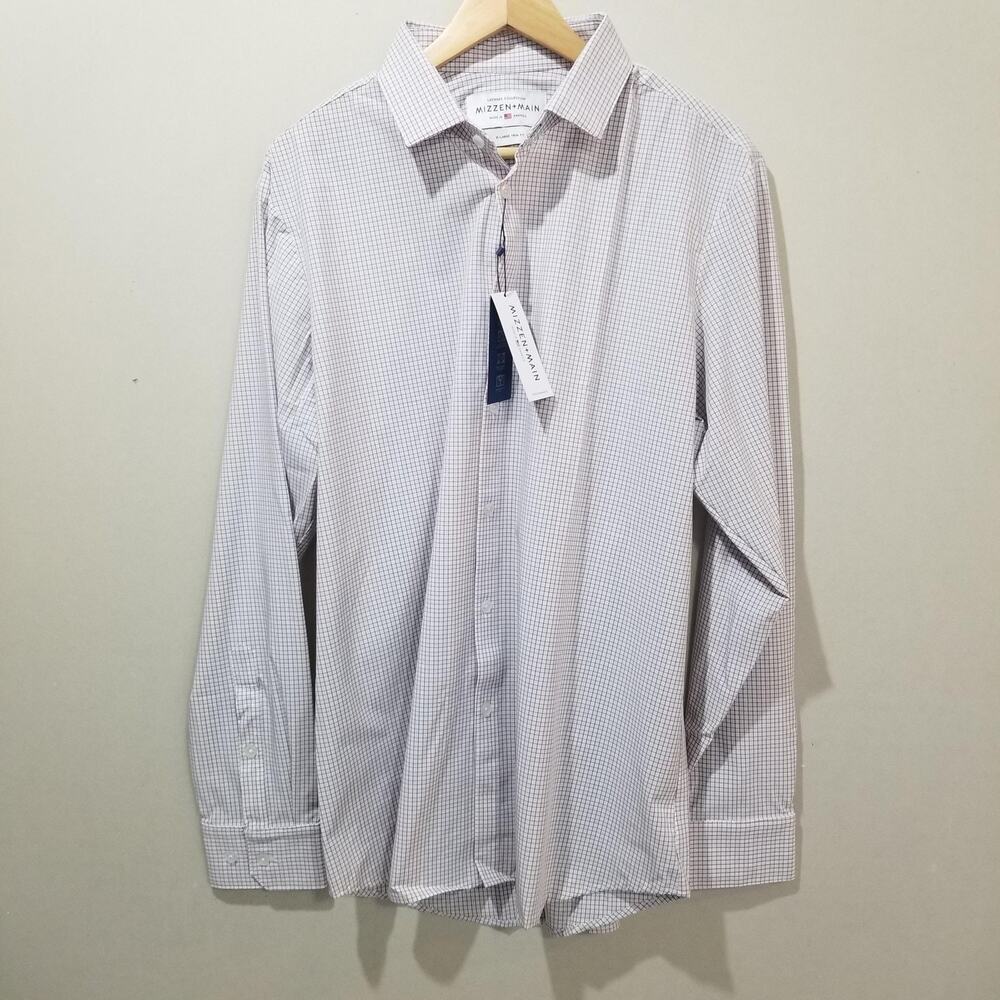 Mizzen+Main Leeward Shirt Mens XL White Check Trim Fit Stretch Dress Long Sleeve